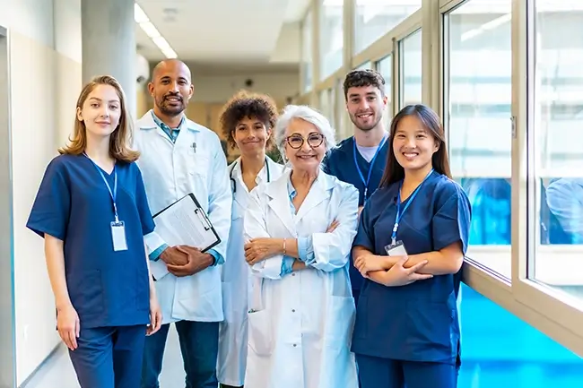 Medical team posing in hospital corridor, healthcare professionals united